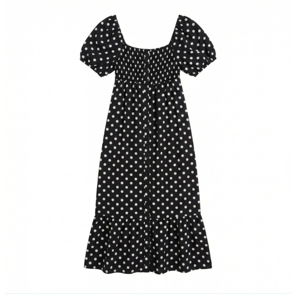 Pink Lily Womens Polka Dot Smocked Puff Sleeve Maxi Dress Milkmaid Black Large - Picture 1 of 6